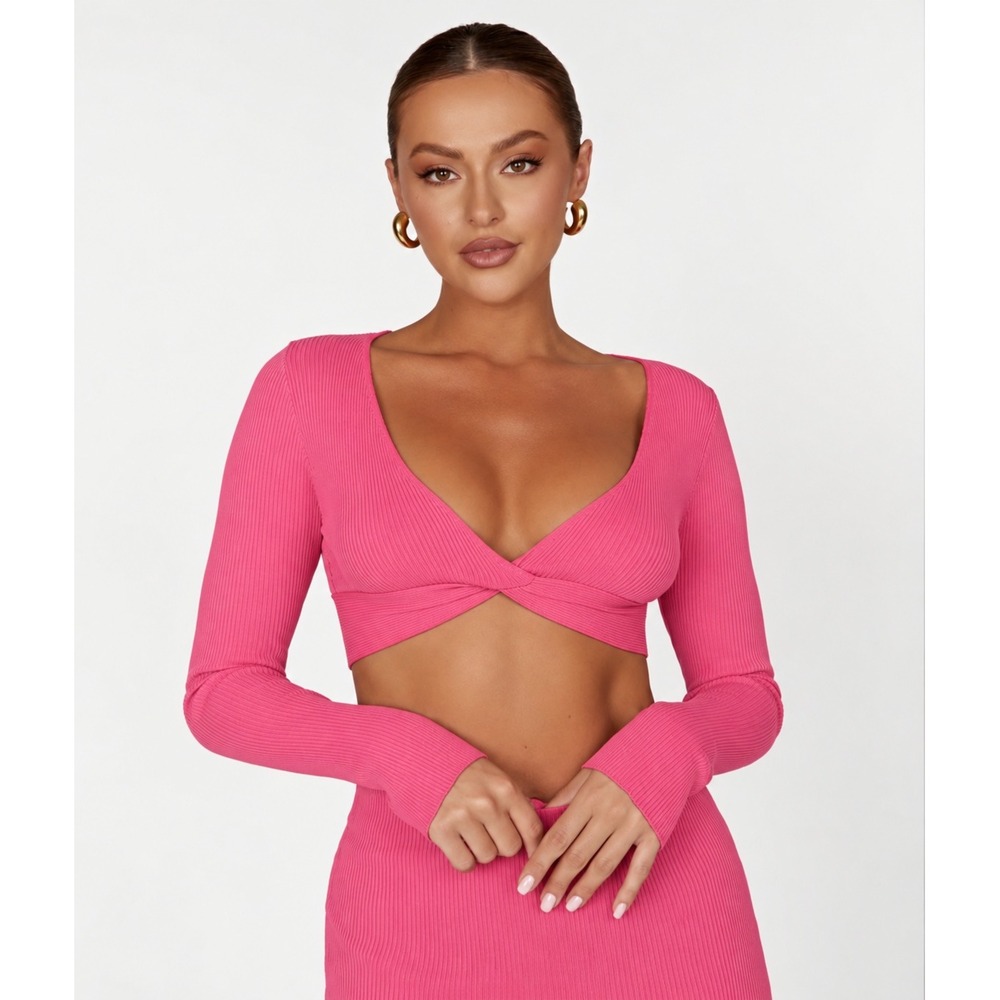 Meshki Kaesha Long Sleeve Twist Front Knit Top Bubblegum Pink XXS NWT